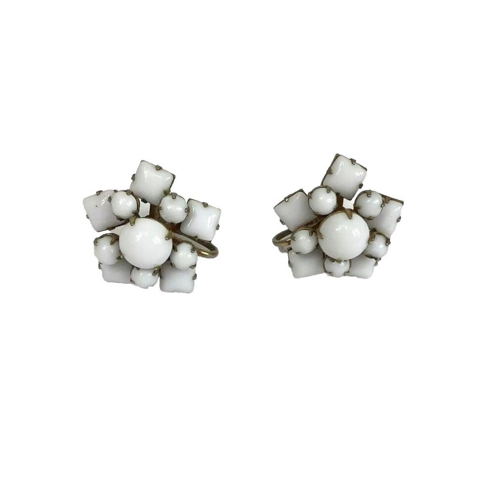 VTG White Glass Screw Back Earrings Prongs Star Shape Retro